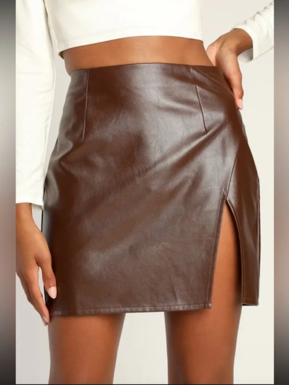 Lulu's Brown Faux Leather Mini Skirt with Side Slit